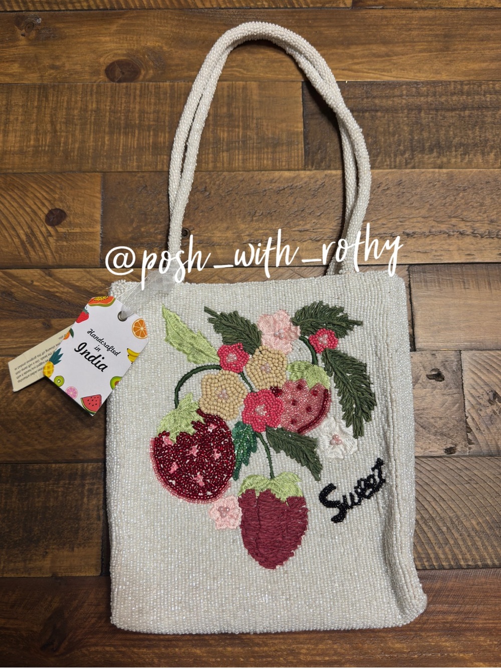 Viral Tik Tok 🍓🍓🍓 Beaded White Strawberry Floral Tote Bag, NWT